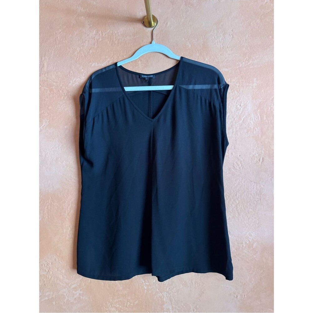 Eileen Fisher 100% Silk Sheer Yoke Sleeveless Blouse PM
